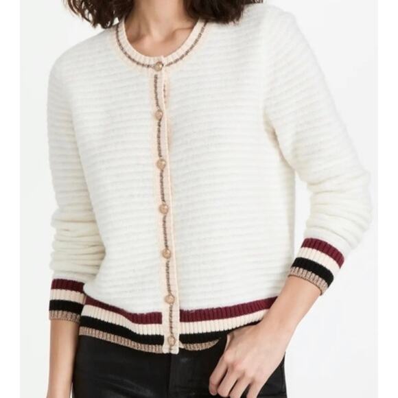 L’AGENCE Archer Cardigan Sweater Ivory Striped Gold Button Women's M - Picture 1 of 14